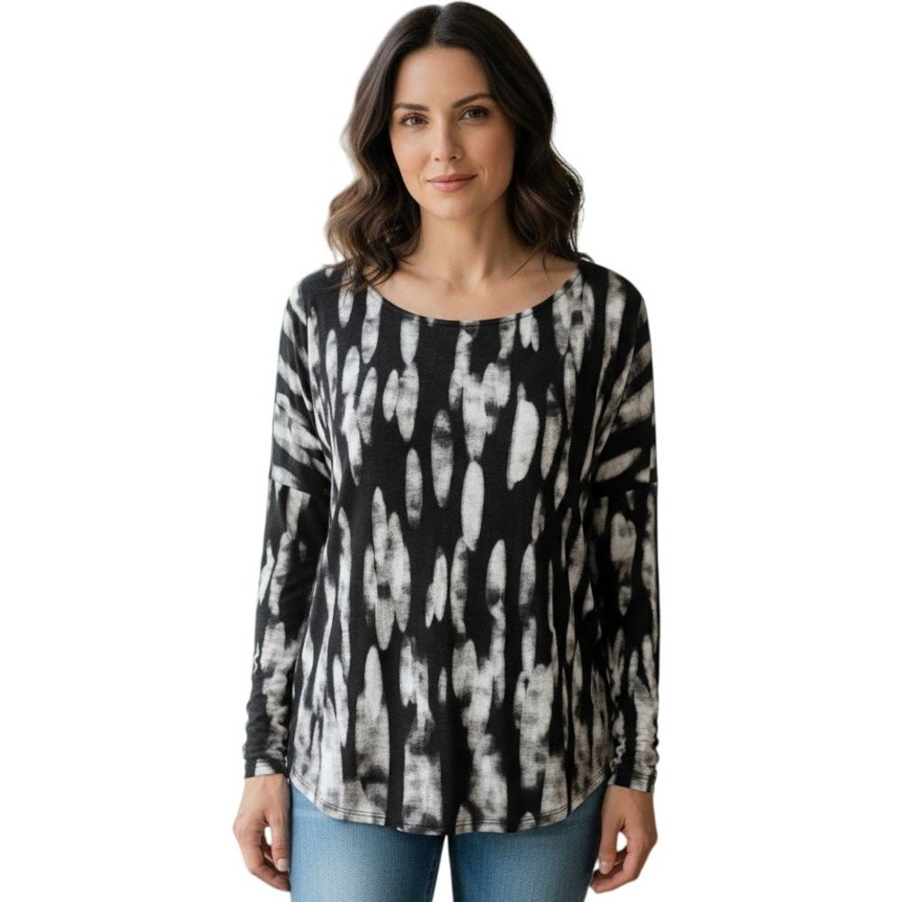 Zara Collection Womens‎ Top Sz Medium 100% Flax Semi Sheer Bk/Wht Tie Dye